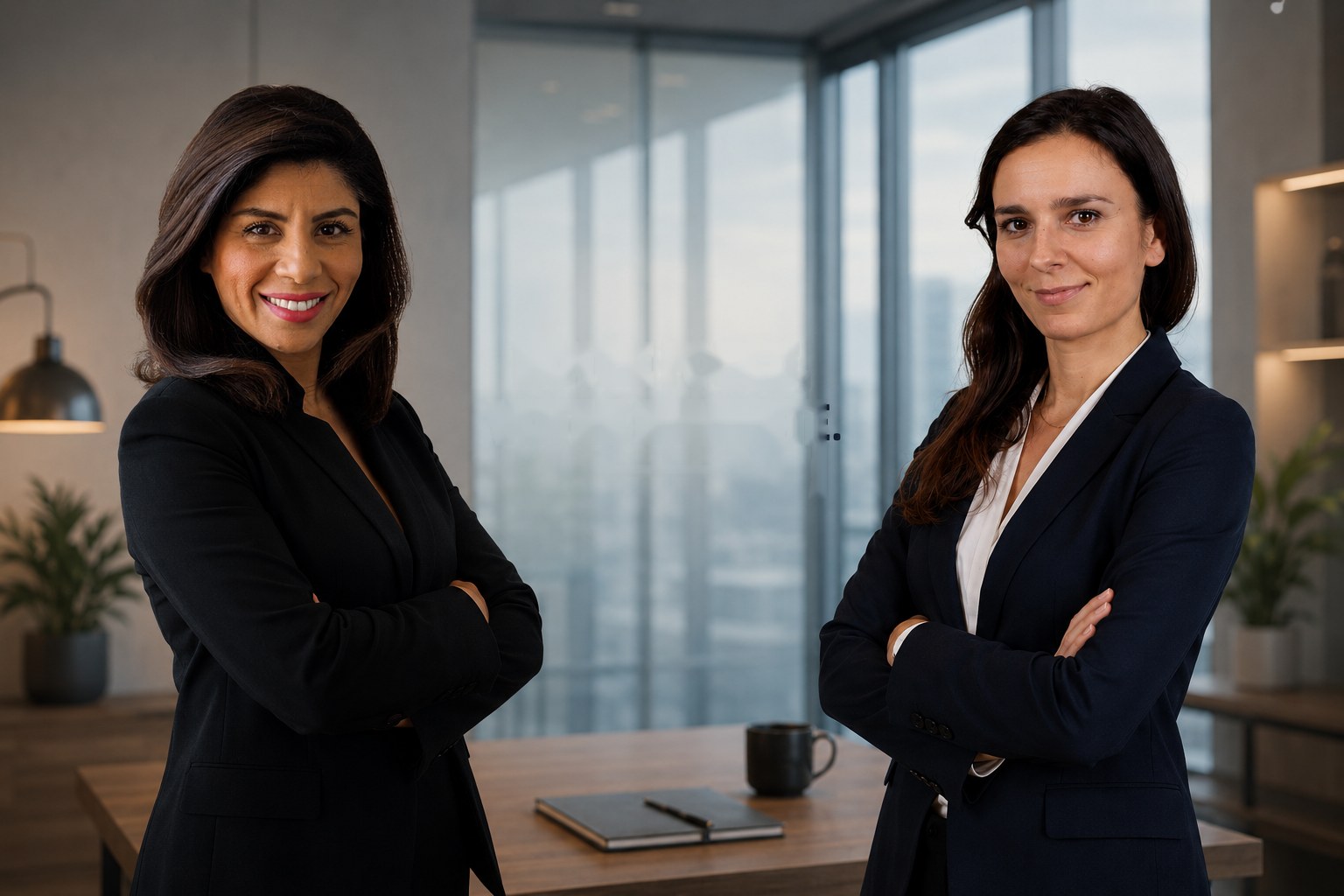 Lou et Lilya, fondatrices de TalentNest, dans un bureau aux baies vitrées